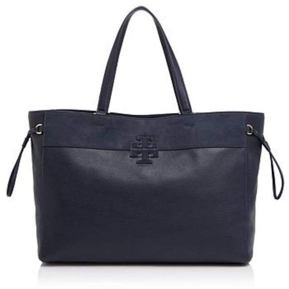 Tory Burch Stacked T Mixed Media Suede Leather Navy Tote Bag